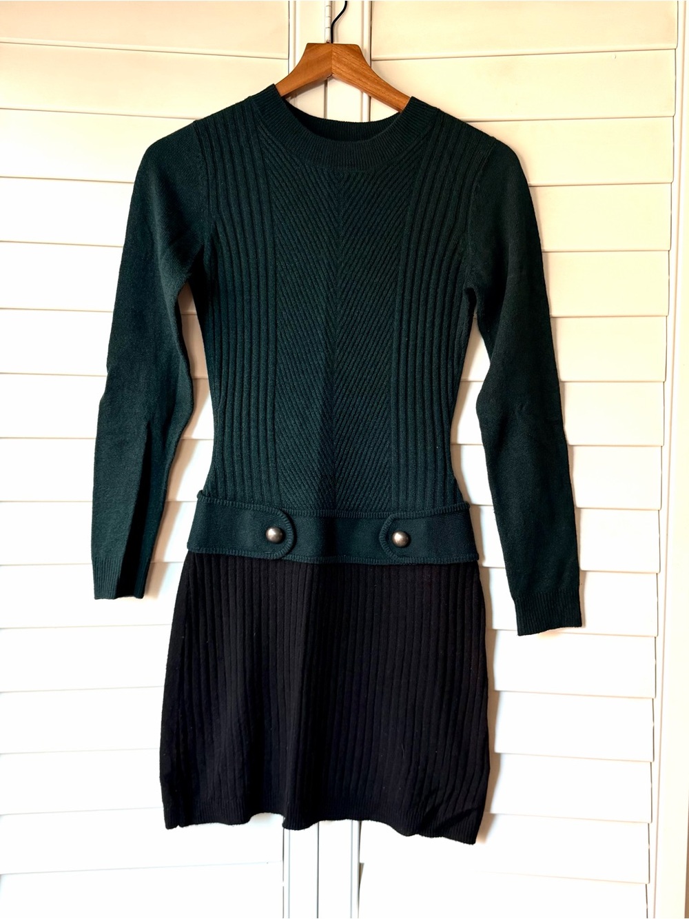 BCX Forest Green and Black Ribbed Knit Long Sleeve Dress